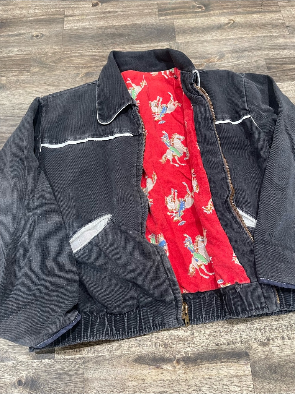 Vintage Kids Black Western Ranch Jacket Horse Print Blanket Lined Prentice Zip